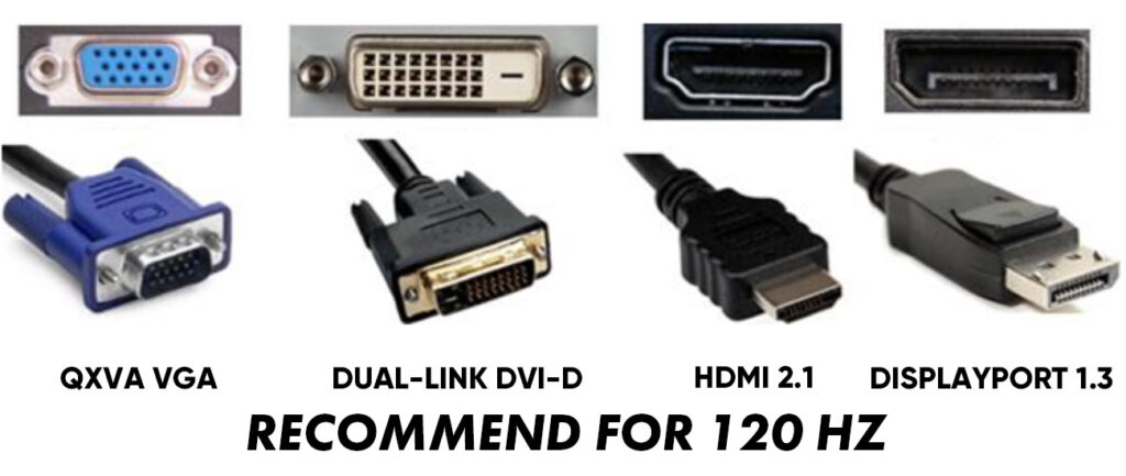 We recommend using HDMI 2.1, DisplayPort 1.3 or higher, Dual-link DVI-D, and QXVA VGA cables for 120 Hz.